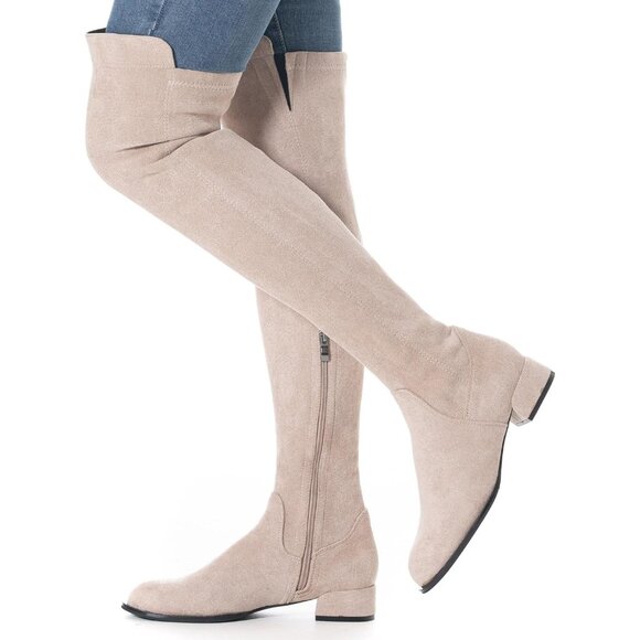 Women Neutral/1in Suede Over the Knee Thigh High Chunky Block Heel Winter Boots - Picture 4 of 6